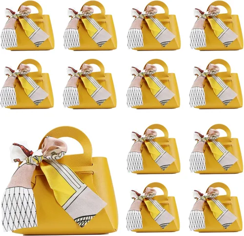 Vista 7 de LPEIEB Paquete de 12 Bolsas de Regalo Tipo Candy Bag de Cuero con Cinta, Bolsas de Regalo de Boda de PU con Asa de Cinta, Cajas de Favor de Fiesta