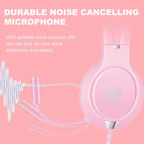 Vista 5 de Auriculares de juego rosas para Nintendo Switch, Xbox One, PS4, PS5, sonido envolvente de graves y cancelación de ruido con micrófono flexible