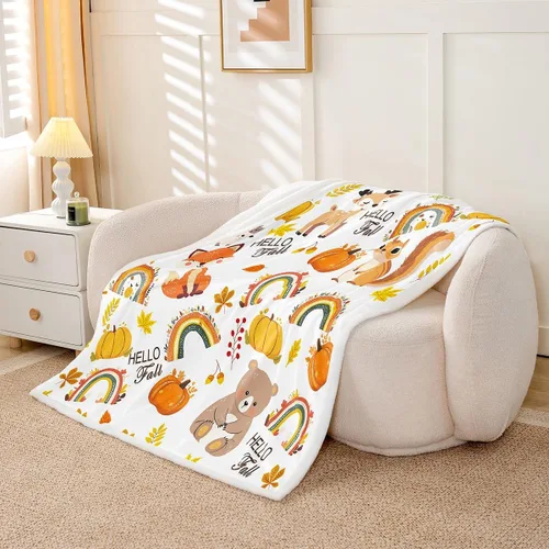 Vista 3 de Manfei Manta de otoño con diseño de hojas de calabaza, dibujos animados, arcoíris, zorro, oso, ciervo, para niños y niñas, manta de cosecha de otoño
