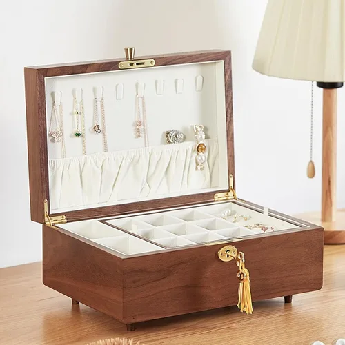 Vista 6 de POCHY Storage Box Jewelry Organizer Wooden Jewelry Box - 2 Layer Jewelry Organizer with Ring Tray and Lock for Women and Girls - Holder for Earring