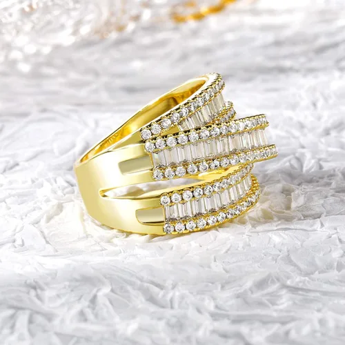 Vista 5 de OPOMOMO Eternity Ring Wedding Bands,18K Gold Plated 3 Rows Emerald Cut Lab Diamond Band Rings for Women Men
