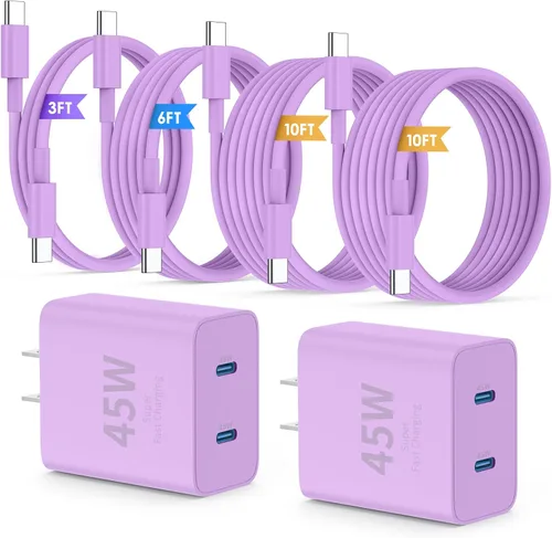 Vista 8 de QZIIW Cargador Samsung súper rápido tipo C, bloque de cargador rápido USB C de 45 W de doble puerto [paquete de 2] y cable USB C extralargo de 60 W