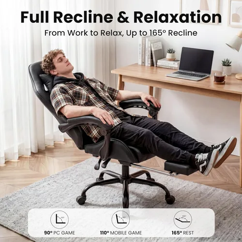 Vista 4 de Silla de juego, reposapiés ergonómico, lumbar y reposacabezas Negro