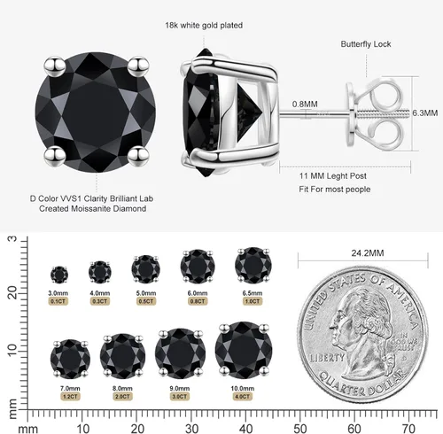 Vista 3 de Moissanite Stud Earrings Screw Back 3-10mm 0.2ct-8.0ct 18K White Yellow Rose Gold Plated S925 Sterling Silver Round Cut D Color VVS1 Lab Created