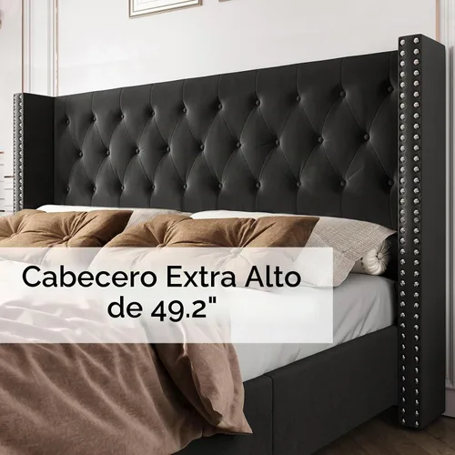 Vista 3 de PaPaJet Marco de cama de terciopelo King con cabecera de ala de 49.2 Negro