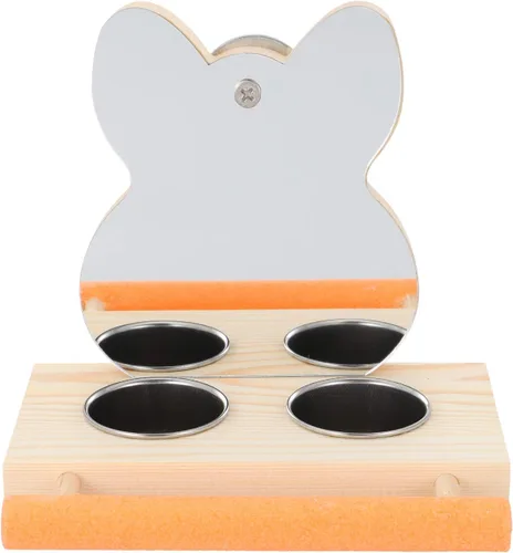 Vista 6 de Espejo de loro con cuenco de comida de agua o jaula de pájaros, soporte de madera para alimentación, accesorio para jaula, cuenco de alimentación