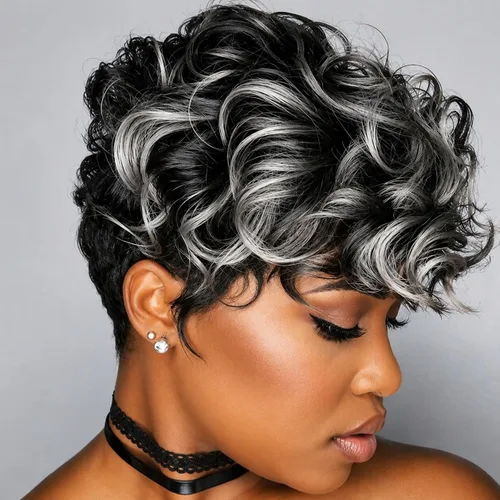Vista 12 de MOONSHOW - Pelucas cortas de corte Pixie para mujeres negras, peluca de corte Pixie marrón Short Pixie Wigs for Black Women Natural Layered Short