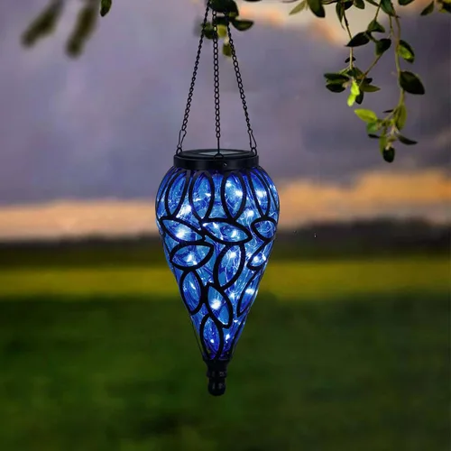 Vista 5 de Farol colgante solar para exteriores, 15 luces LED en forma de lágrima, luces colgantes blancas frías con ganchos en S decoración en jardín, patio