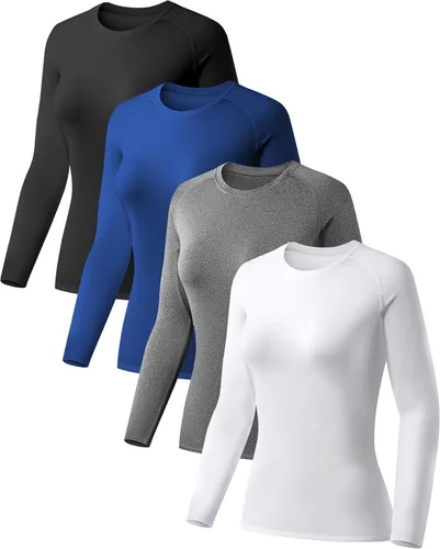 Vista 8 de Paquete de 4 camisetas de compresión para mujer, de manga larga, para Manga larga-2 negro+2 blanco