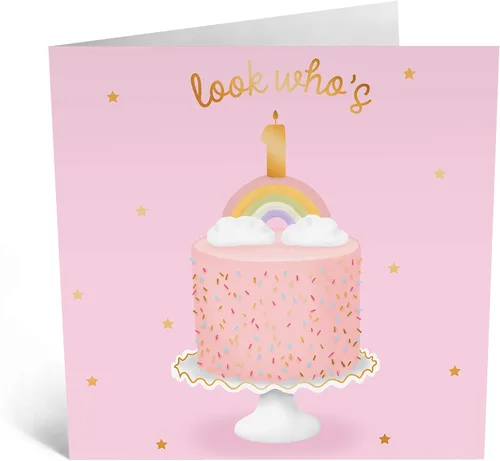 Vista 2 de CENTRAL 23 Bonita tarjeta de cumpleaños para niña, tarjeta de primer cumpleaños, con texto en inglés «Look Who's One», tarjetas de cumpleaños