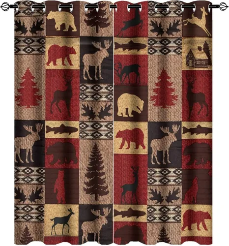 Vista 31 de Cortinas de oscurecimiento estilo campestre con osos, alces y ciervos, cortinas opacas para ventanas con ojales, tratamiento de ventanas eficiente