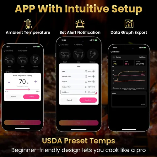 Vista 2 de Termómetro inalámbrico de carne de 800 pies, termómetro digital de cocina con 1 sonda, recargable inalámbrico, función de alarma, termómetro