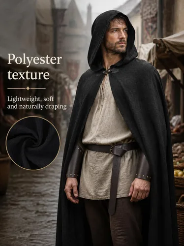 Vista 3 de JPXH Juego de capa medieval con cinturón y muñequeras para disfraz de Negro