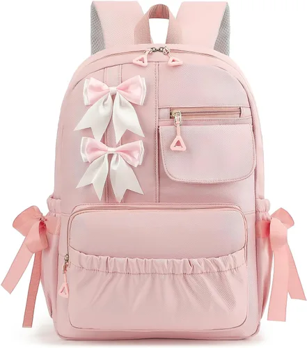 Vista 8 de Mochila escolar infantil para niñas, bonita mochila Kawaii con lazos Negro