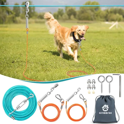 Vista 8 de Sistema de Trolley Profesional para Perros Corredores, Línea de Zip Resistente y Ajustable de 30 pies para Perros con Amarres de 10 y 15 pies