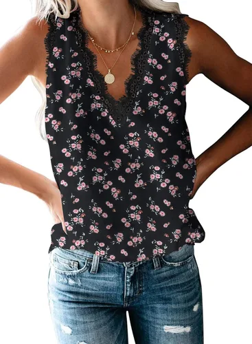 Vista 121 de VIISHOW - Camiseta sin mangas, sexy, con cuello en V y bordes de encaje para mujer, camisola de vestir, camisas de gasa, sin mangas, casuales