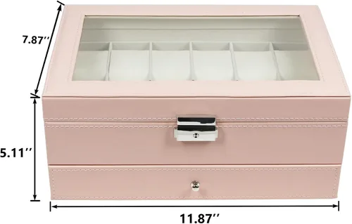 Vista 6 de Ogrmar Cajas de almacenamiento de relojes de piel sintética con 12 ranuras, para hombres y mujeres, estuche organizador de 2 niveles con tapa