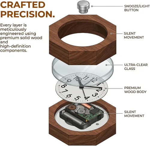 Vista 7 de Reloj despertador analógico de madera, 3 pulgadas, silencioso, silencioso, con números arábigos, función de repetición de retroiluminación, funciona