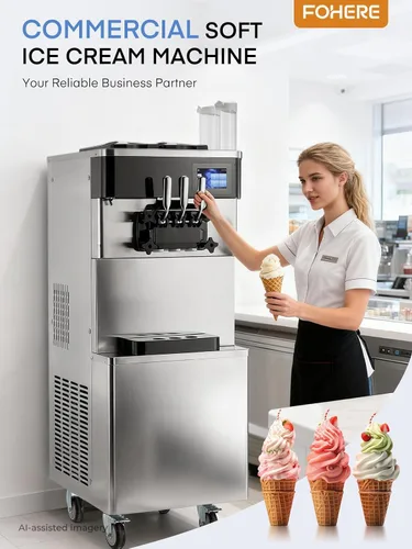 Vista 2 de Máquina de helado comercial de 5.8-7.9 galones/h, 3 sabores suaves con tolva de 14 L, máquina de helado de limpieza automática con panel LCD táctil
