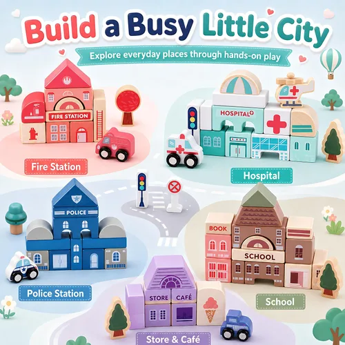 Vista 4 de Juego de bloques de construcción de madera, apilador de construcción de ciudad, juguetes educativos de aprendizaje preescolar, juguetes para niños