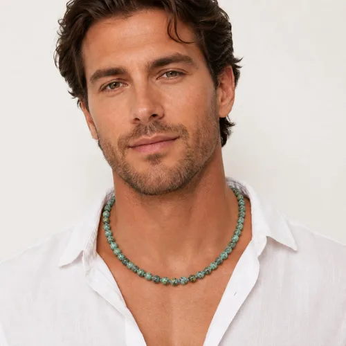 Vista 3 de GAVU Collar con cuentas anudadas a mano para hombre, Collar de cristal para hombres turquesa (African Turquoise)