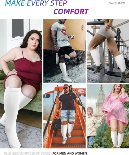 Vista 5 de Paquete de 3 calcetines de compresión de talla grande para mujeres y hombres, medias altas hasta la rodilla de 20-30 mmHg para piernas grandes e