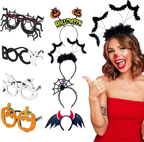 Vista 2 de WeePaww 8 piezas de gafas de Halloween más diademas para cosplay anteojos con forma de esqueleto de araña de calabaza anteojos novedosos y diademas