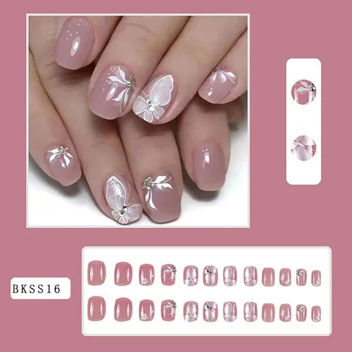 Vista 2 de 24 uñas postizas cortas a presión, color rosa RTKHFZE con diseño de mariposa blanca y diamantes de imitación, uñas postizas cuadradas de cobertura