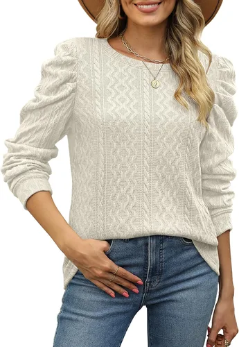 Vista 2 de XIEERDUO Crewneck Sweaters for Women Pullover Comfy Ladies Fall Shirts Crewneck Puff Sleeve Tops