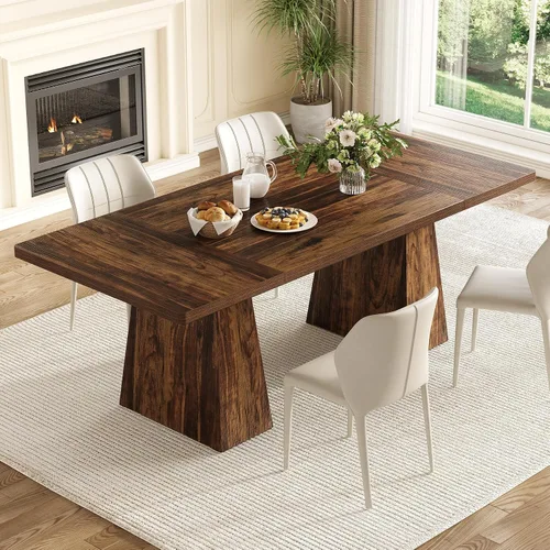 Vista 11 de LITTLE TREE Mesa de comedor para 4-6 personas, mesa de madera, muebles rectangulares con patas resistentes, mesa de cocina moderna para el hogar