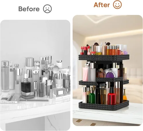 Vista 5 de Organizador de maquillaje giratorio de 360º – Almacenamiento de maquillaje acrílico negro para tocador, organizador de cosméticos con loción