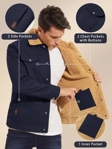 Vista 3 de KEFITEVD Chaqueta de forro polar de invierno para hombre, chaqueta tipo cargo con forro sherpa, abrigo casual de camionero, abrigo grueso y cálido