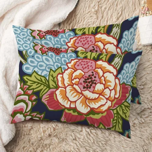 Vista 73 de Juego de 2 almohadas coloridas de estilo chinoiserie, color rosa intenso, azul real, peonía, floral, blanco, lino, estilo chinoiserie, para sofá