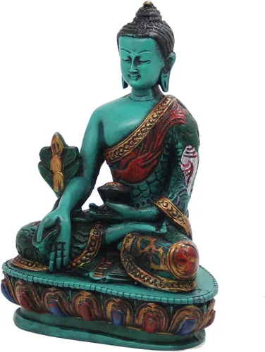 Vista 2 de DharmaObjects Estatua de Buda de medicina curativa tibetana pintada a mano Nepal (5 pulgadas, verde)