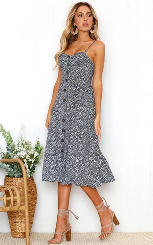 Vista 2 de Angashion - Vestido floral de verano estilo bohemio para mujer, con botones, bolsillos y tiras ajustables