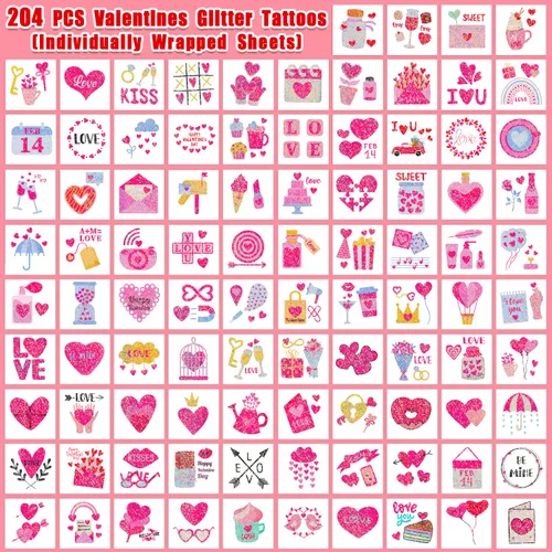 Vista 3 de Partywind 204 estilos de purpurina para el día de San Valentín, tatuajes temporales para niños, suministros de fiesta de San Valentín, regalos