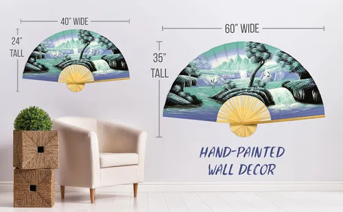 Vista 4 de Abanico de pared plegable gigante chino pintado a mano, arte decorativo decorativo de pared, pintura acrílica original hecha a mano sobre un marco
