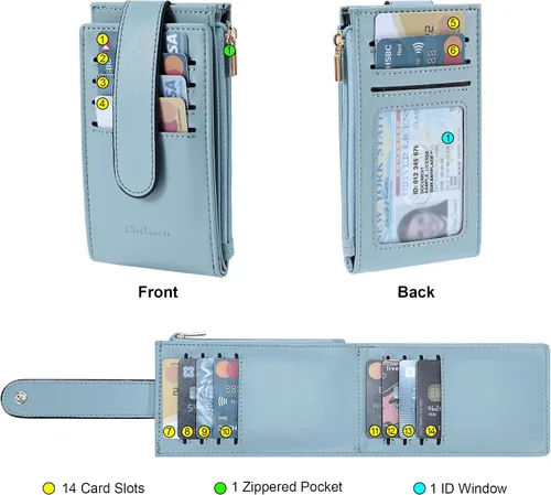 Vista 3 de Chelmon Billetera delgada para mujer, con bloqueo RFID, plegable, con bolsillo con cremallera, Azul, Minimalista