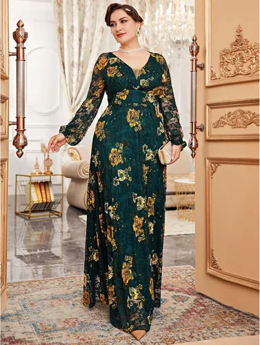 Vista 2 de TOLEEN Vestido de talla grande para mujer, con cuello en V, bordado de rosa, elegante, formal, maxi vestidos