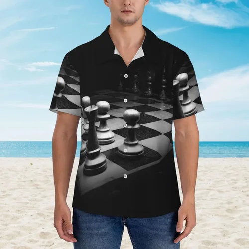 Vista 4 de Camisas hawaianas para hombre, 3D, color negro, blanco, ajedrez, batalla, casual, con botones, tropical, playera