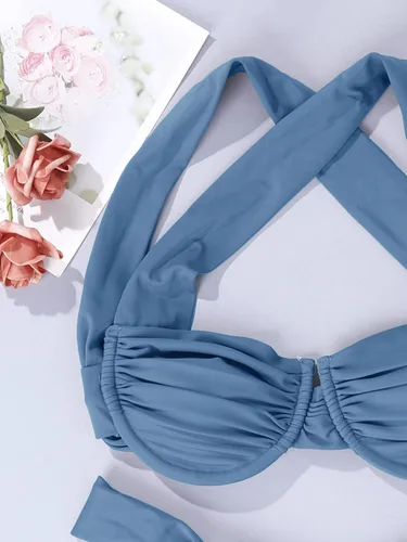 Vista 3 de Hilinker Conjunto de bikini fruncido para mujer, traje de baño de 2 piezas con espalda cruzada y corte alto