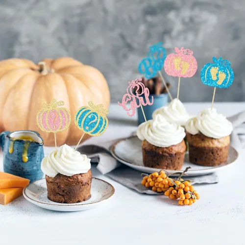 Vista 5 de 24 adornos para cupcakes de calabaza para niños o niñas con purpurina para revelación de género, decoración para cupcakes de calabaza, pies