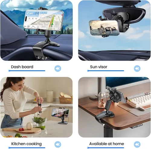 Vista 6 de Soporte de teléfono para automóvil, soporte de teléfono para salpicadero, rotación de 360 grados, diseño de clip multifuncional, soporte universal