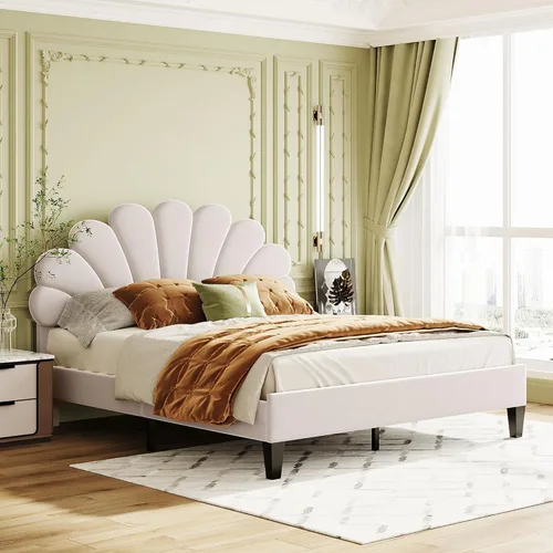 Vista 10 de Harper & Bright Designs Cama de plataforma, tamaño matrimonial, marco de cama tapizado de madera con cabecera de terciopelo con patrón de flores