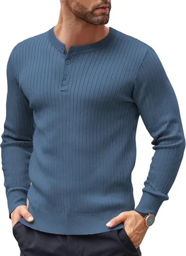 Vista 8 de COOFANDY Suéter de punto Henley para hombre, manga larga, con botones, ligero, para otoño, ajustado, acanalado