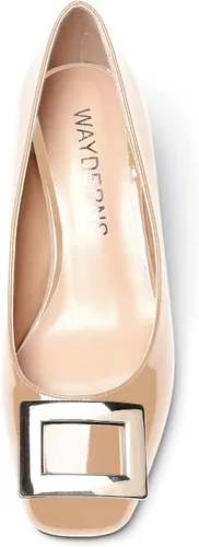 Vista 3 de WAYDERNS Zapatos de vestir de noche de tacón bajo con hebilla de metal dorado y puntera cuadrada para mujer, zapatos de vestir de noche de 2 pulgadas