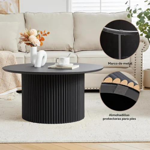 Vista 6 de Mesa de café redonda de 31.5", Mesa de centro moderna con acento acanalado y marco de metal, mesas de café de madera redondas para sala de estar