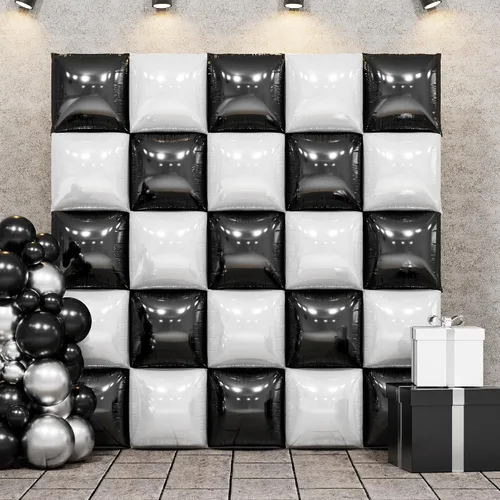 Vista 8 de Globos cuadrados metálicos dorados y negros de doble cara para pared, globos de aluminio cromado de 19 pulgadas, kit de arco de túnel para despedida
