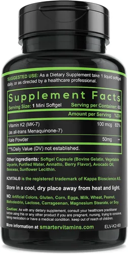 Vista 5 de Smarter Vitamina K2 MK7 100mcg fabricada con K2VITAL y col rizada para la salud ósea y apoyo cardiovascular K-2 MK-7 ayuda a utilizar calcio