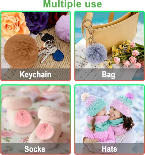 Vista 5 de BQTQ 20 pompones de piel sintética para manualidades, pompón esponjoso con lazo elástico para sombreros, llaveros, bufandas, guantes, bolsas